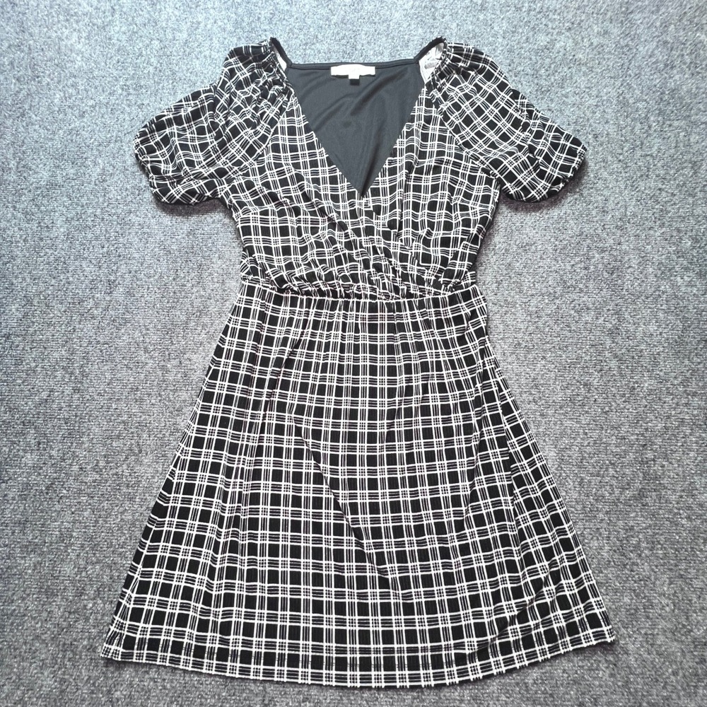 LOFT Black White Grid Plaid V-Neck Empire Waist Dress Small SU23 613937